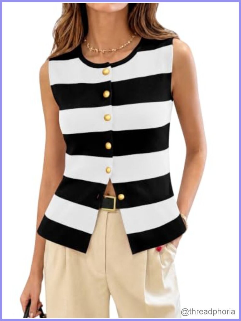 Women's Striped Sleeveless Knit Button Down Sweater Vest Lightweight Casual Top